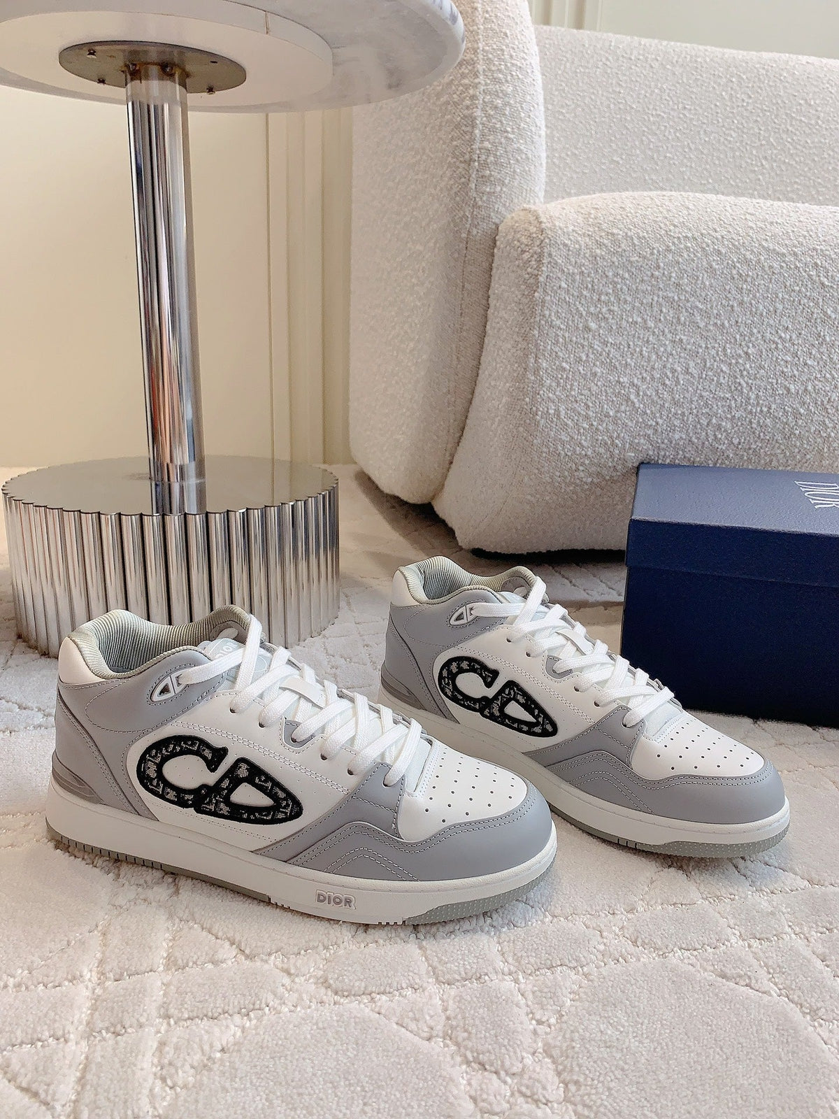 CD B57 Mid-Top Sneaker Grey White Calfskin And Oblique Jacquard
