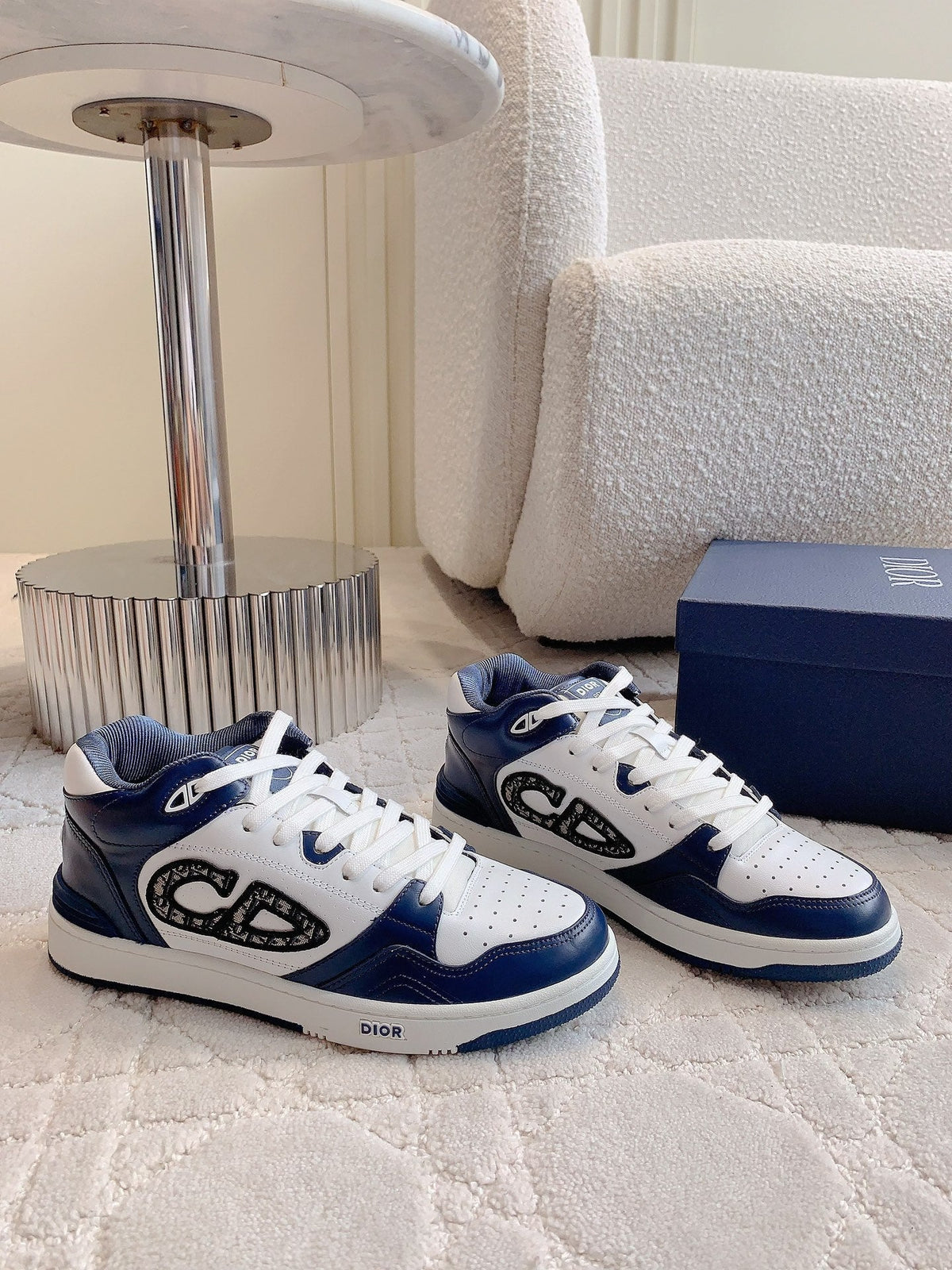 CD B57 Mid-Top Sneaker White Mix Dark Blue Calfskin And Oblique Jacquard