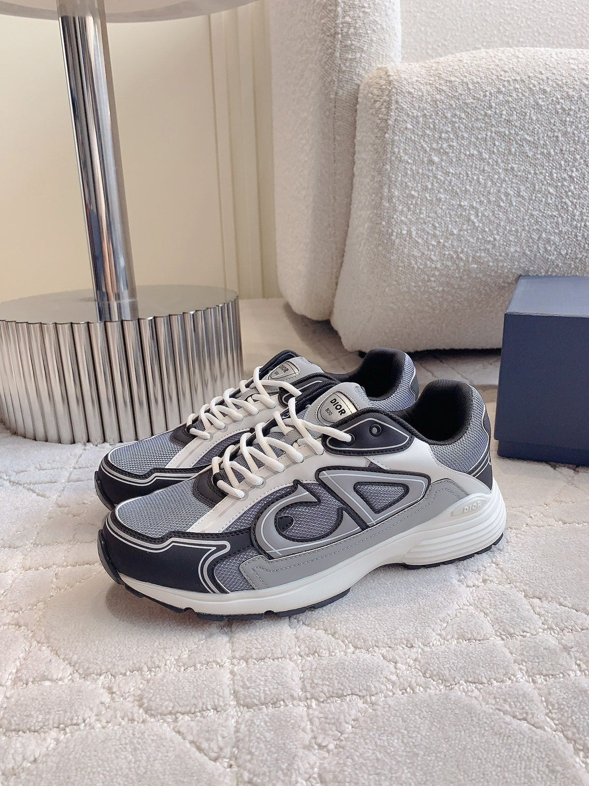 CD B30 Sneaker Cement Grey Mix Black Ivory White Polyester Mesh Fabric And Calfskin