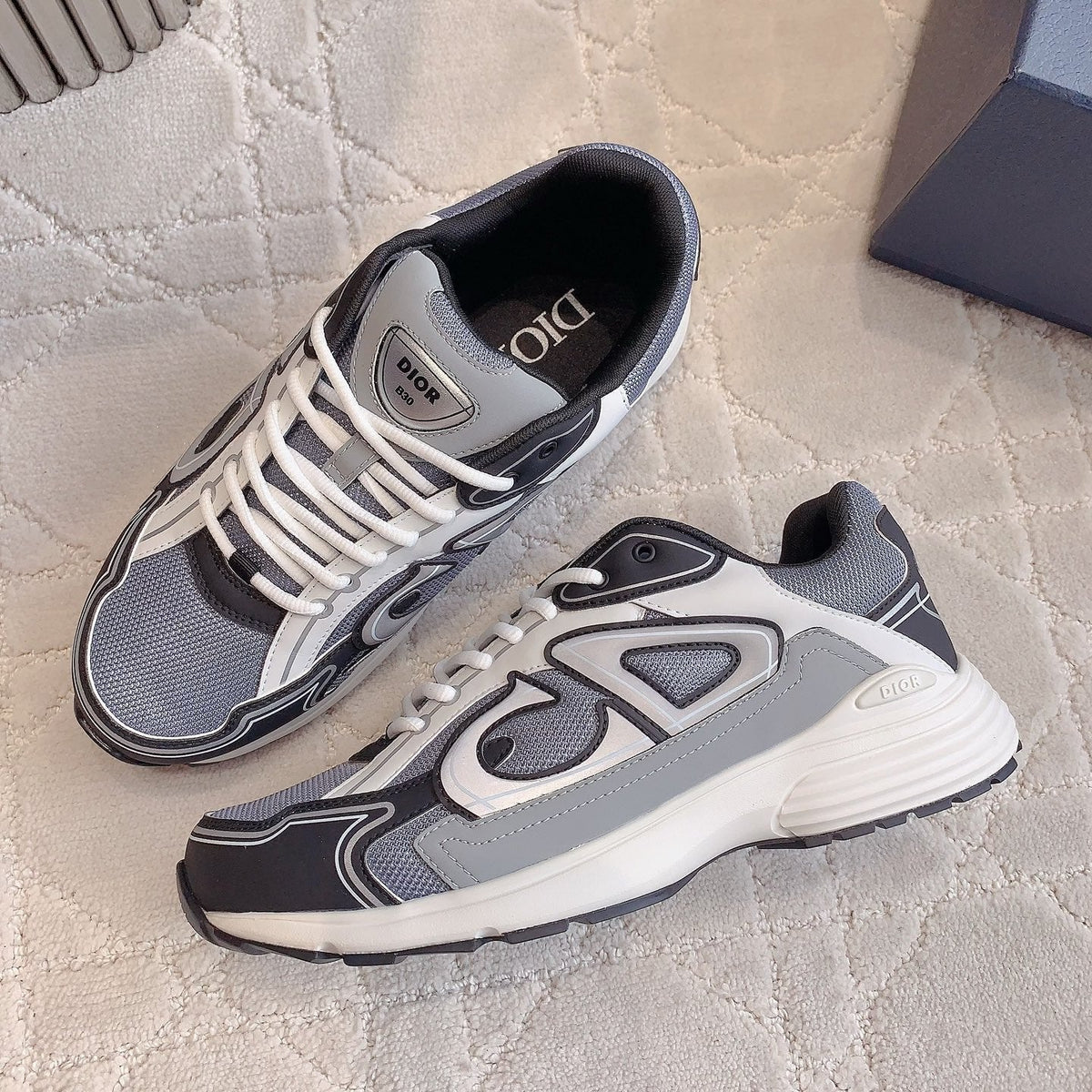 CD B30 Sneaker Cement Grey Mix Black Ivory White Polyester Mesh Fabric And Calfskin