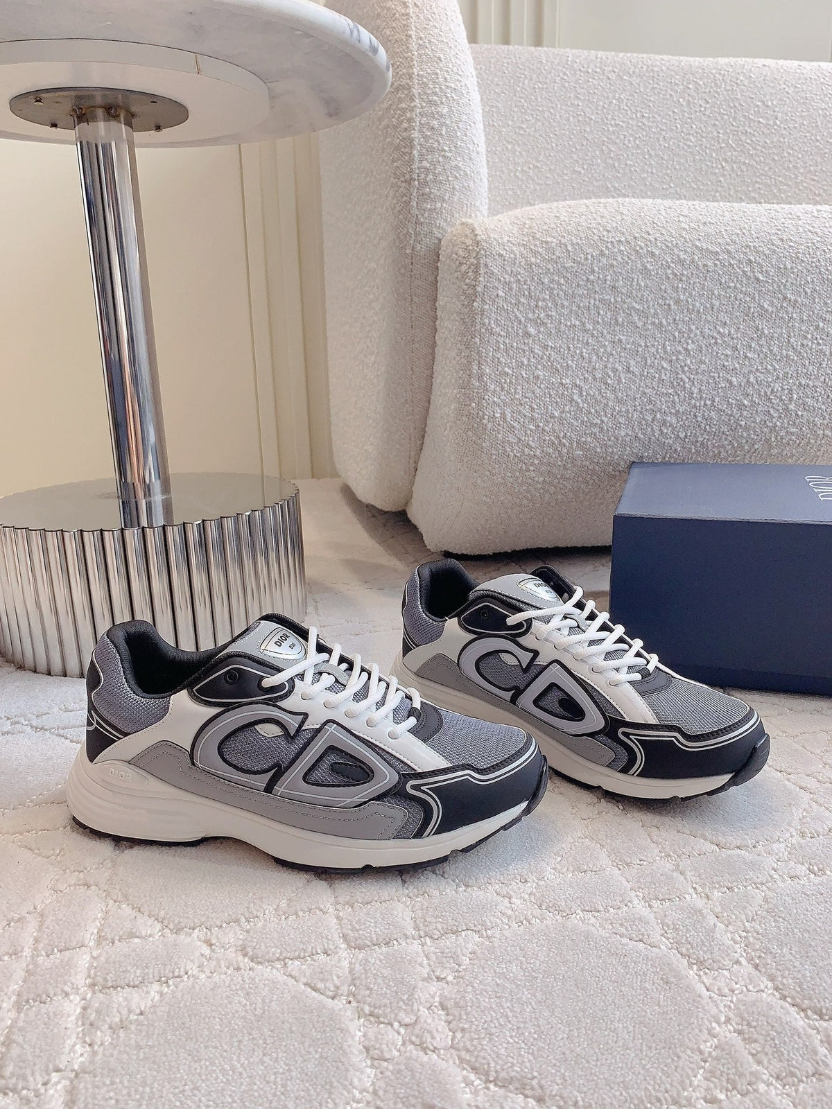 CD B30 Sneaker Cement Grey Mix Black Ivory White Polyester Mesh Fabric And Calfskin
