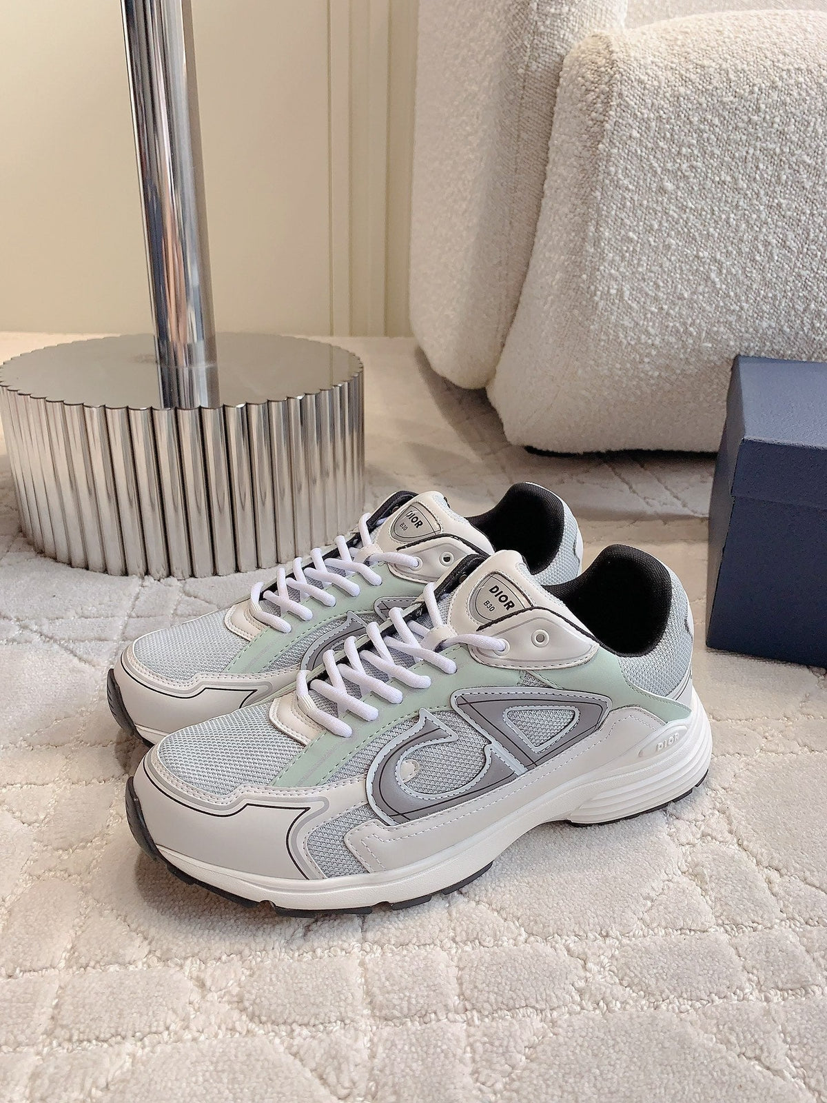 CD B30 Sneaker Grey White Mix Pale Jade Green Polyester Mesh Fabric And Calfskin
