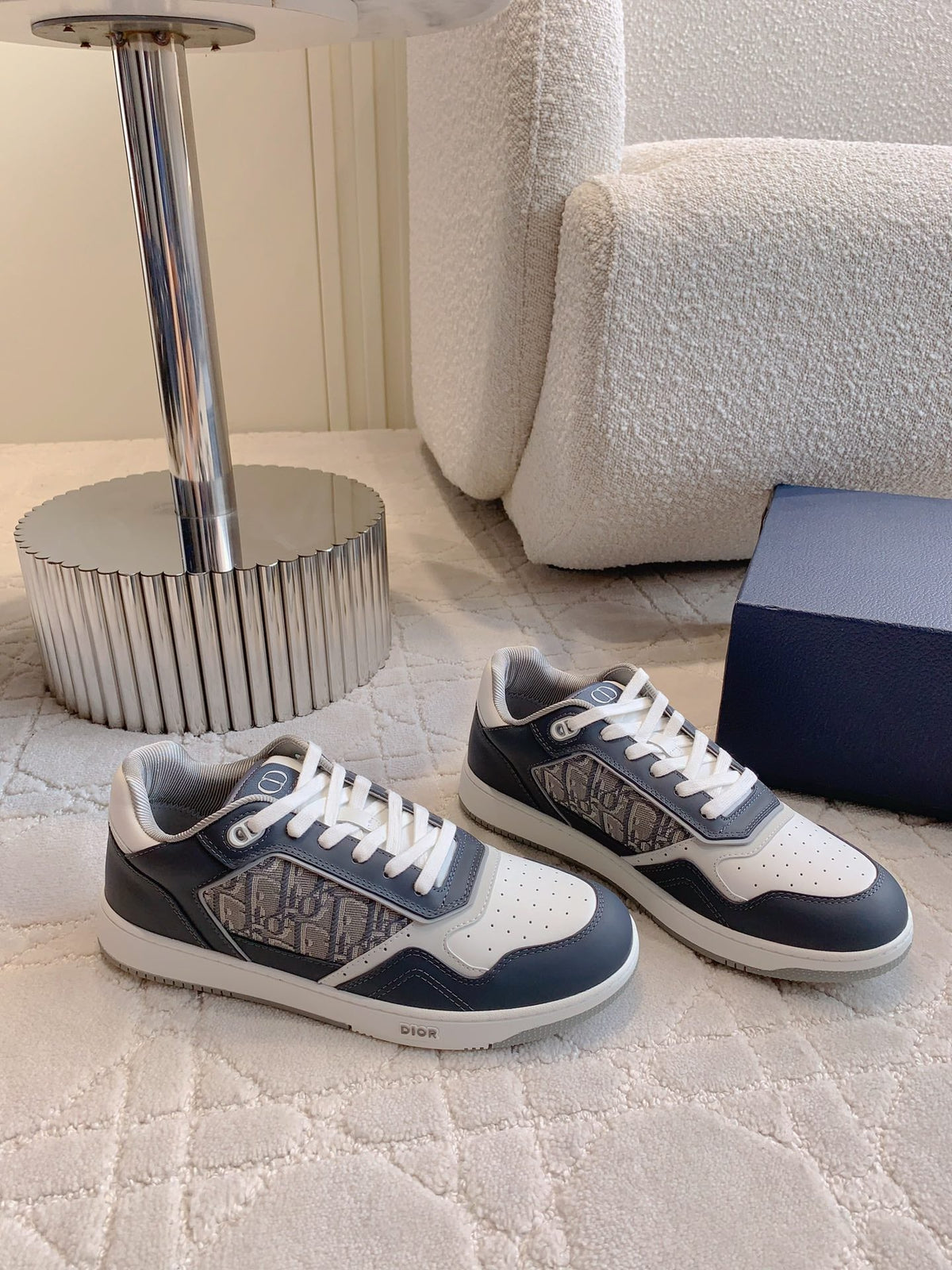 CD B27 Low-Top Sneaker White Charcoal Blue Print Calfskin And Oblique Jacquard Fabric