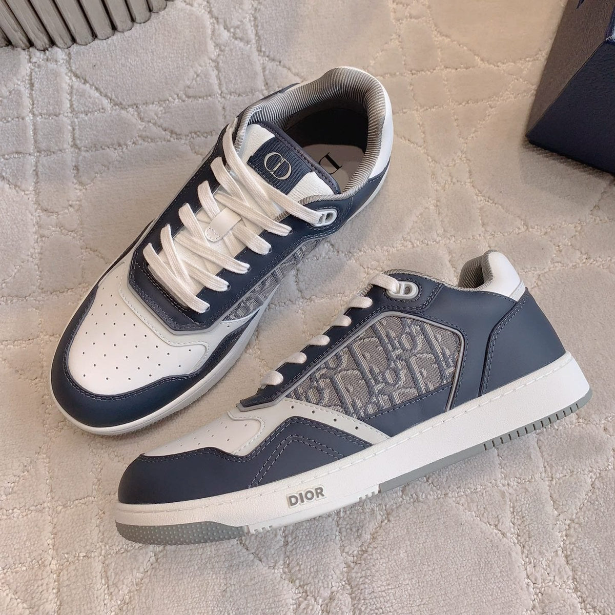CD B27 Low-Top Sneaker White Charcoal Blue Print Calfskin And Oblique Jacquard Fabric