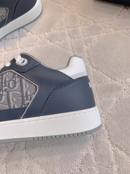 CD B27 Low-Top Sneaker White Charcoal Blue Print Calfskin And Oblique Jacquard Fabric