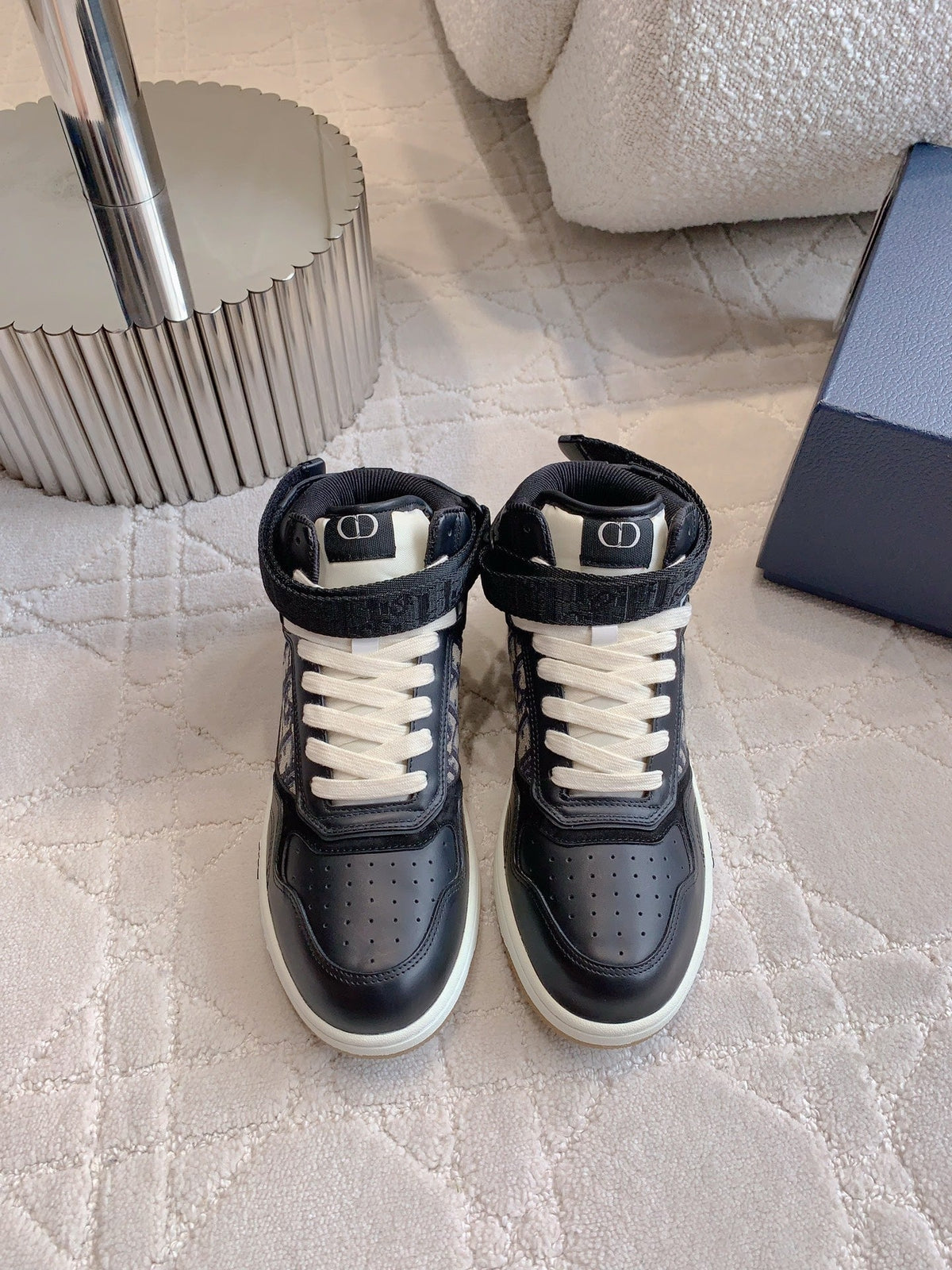 CD B27 High-Top Sneaker Black Charcoal Blue Print Calfskin And Oblique Jacquard Fabric