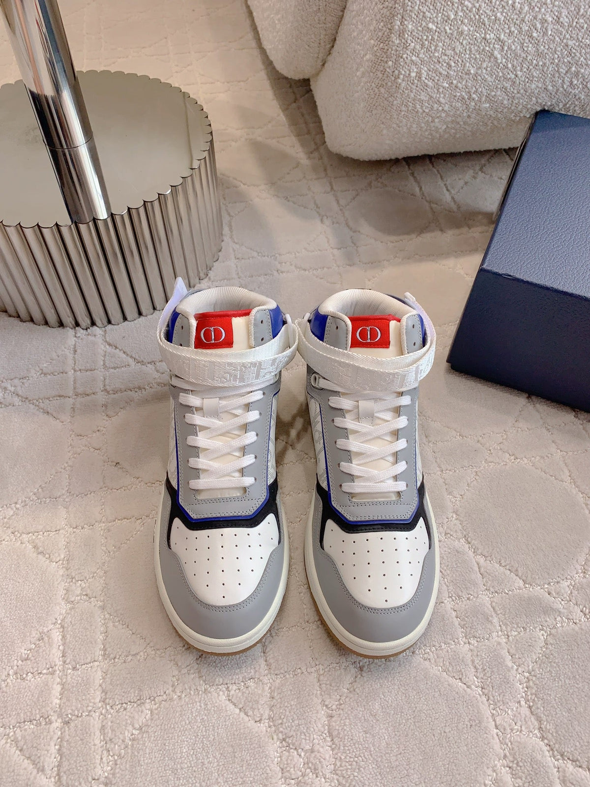 CD B27 High-Top Sneaker White Grey And Red Blue Print Calfskin