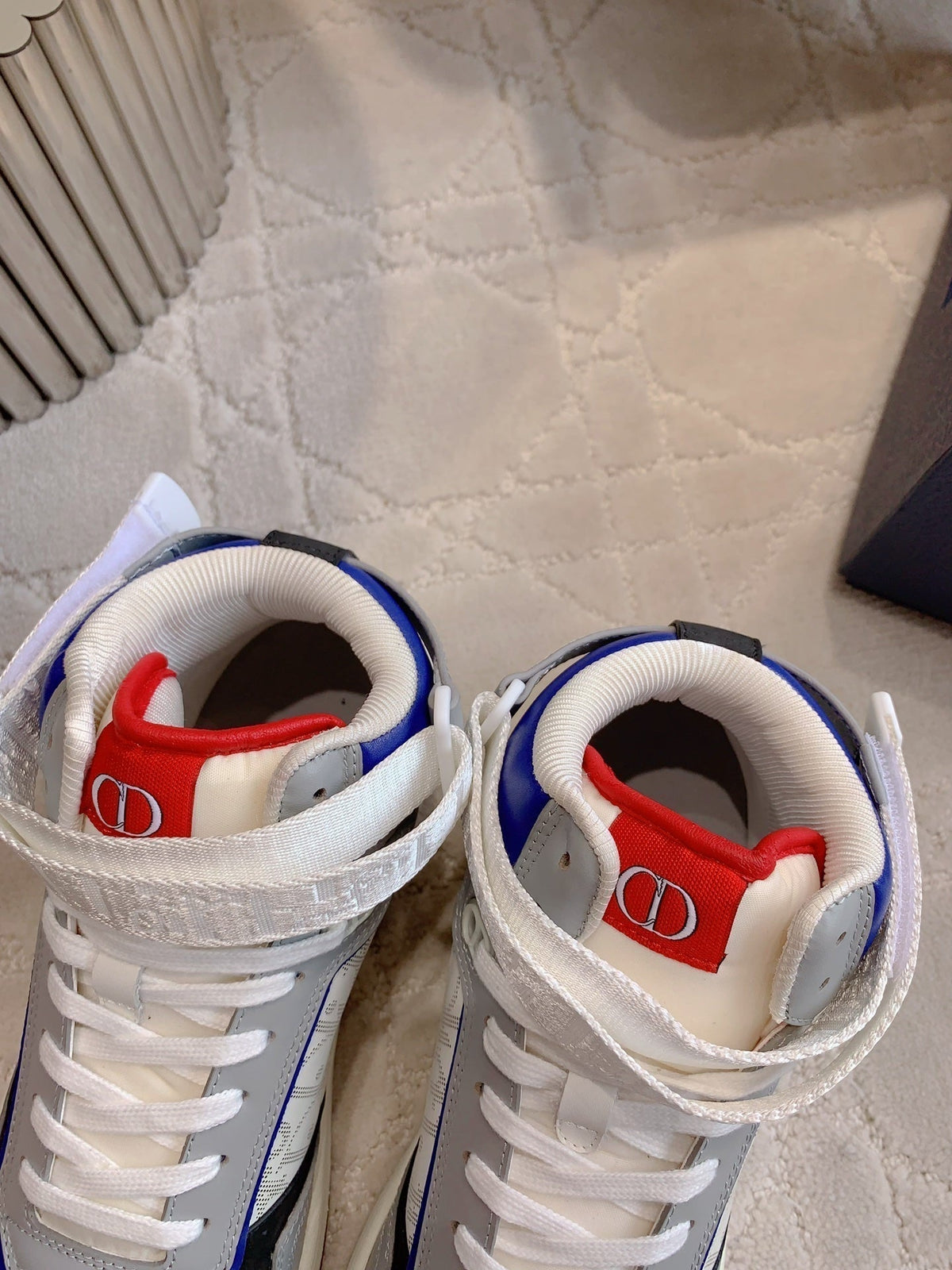 CD B27 High-Top Sneaker White Grey And Red Blue Print Calfskin