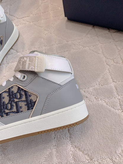 CD B27 High-Top Sneaker White Grey Print Calfskin And Oblique Jacquard Fabric