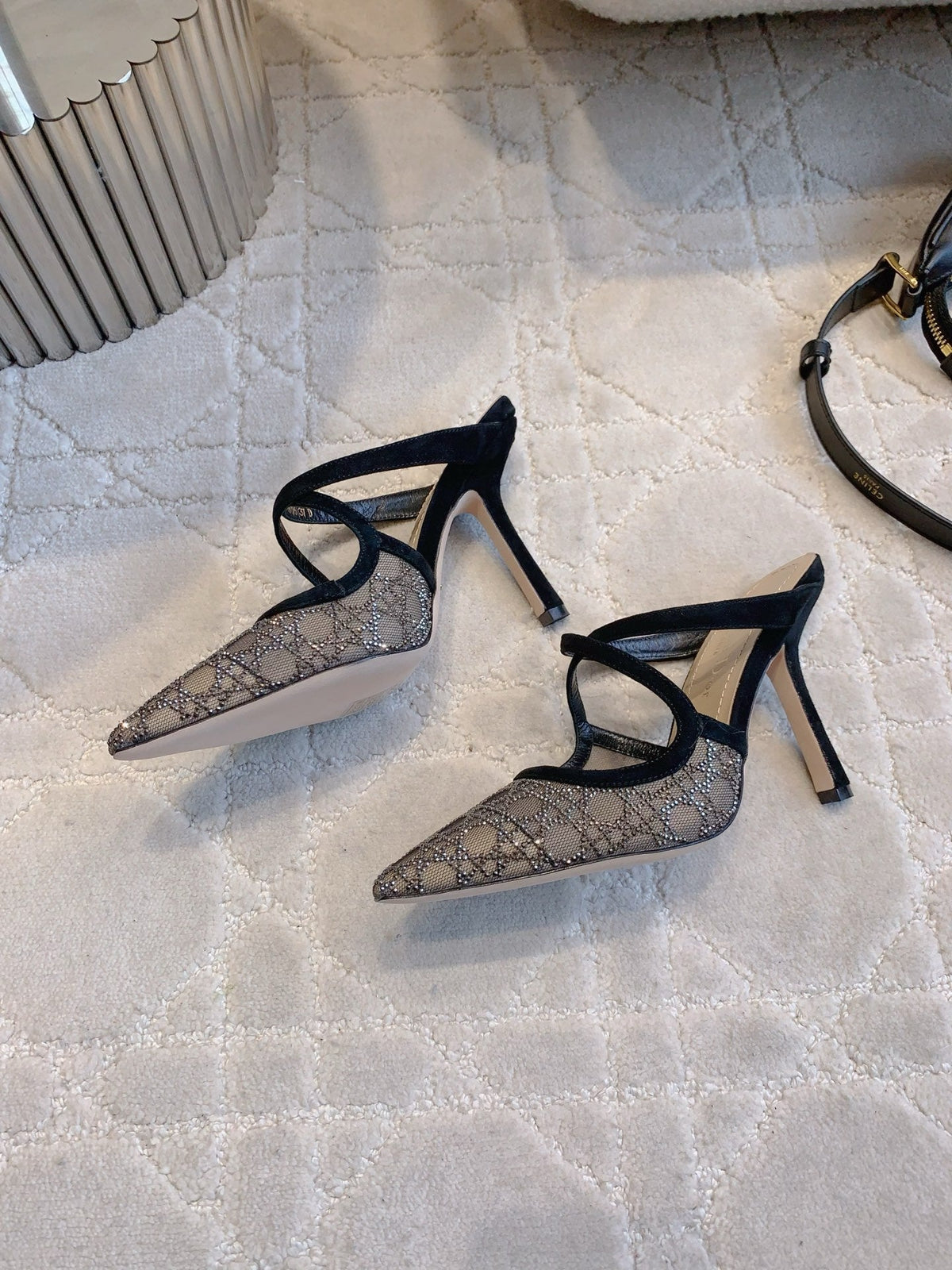 CD Capture Heeled Mule 10cm Black Suede Mesh 615464