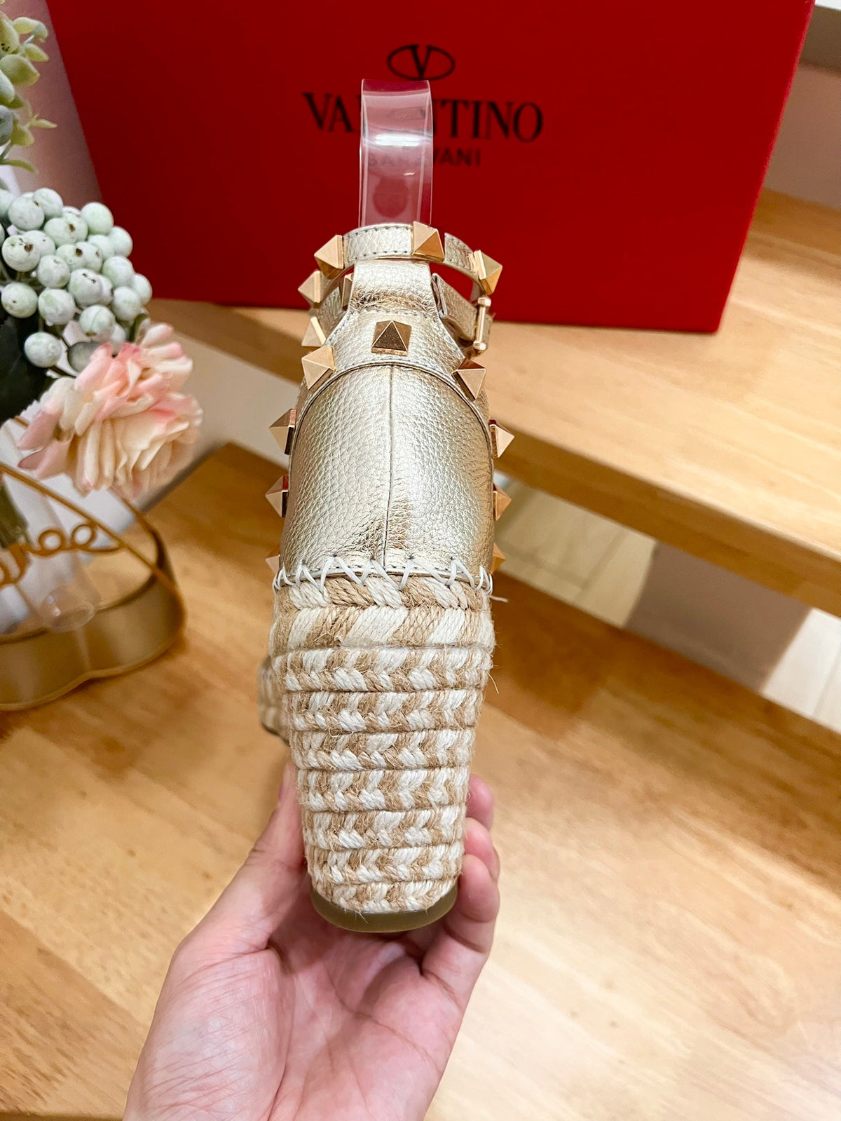 Garavani Rockstud Wedge Espadrilles In Light Yellow Metallic Cowhide And Raffia 852842