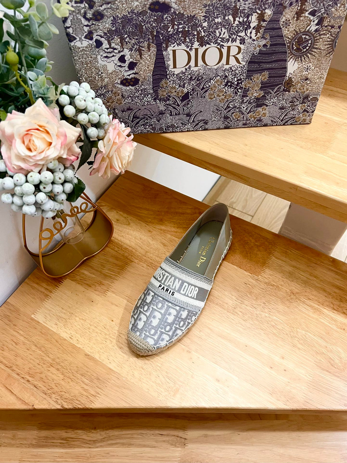 CD Granville Espadrille Grey Beige Oblique Jacquard Fabric And Calfskin