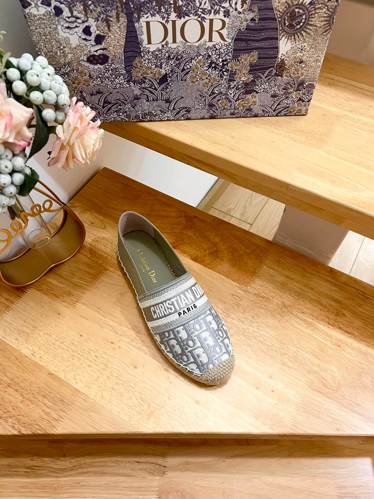 CD Granville Espadrille Grey Beige Oblique Jacquard Fabric And Calfskin