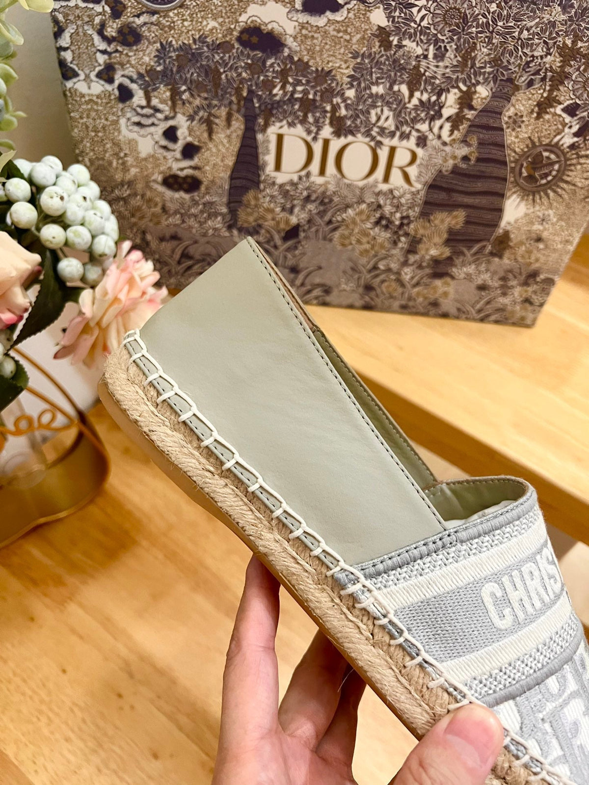 CD Granville Espadrille Grey Beige Oblique Jacquard Fabric And Calfskin