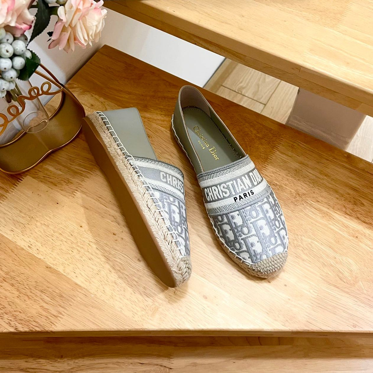 CD Granville Espadrille Grey Beige Oblique Jacquard Fabric And Calfskin