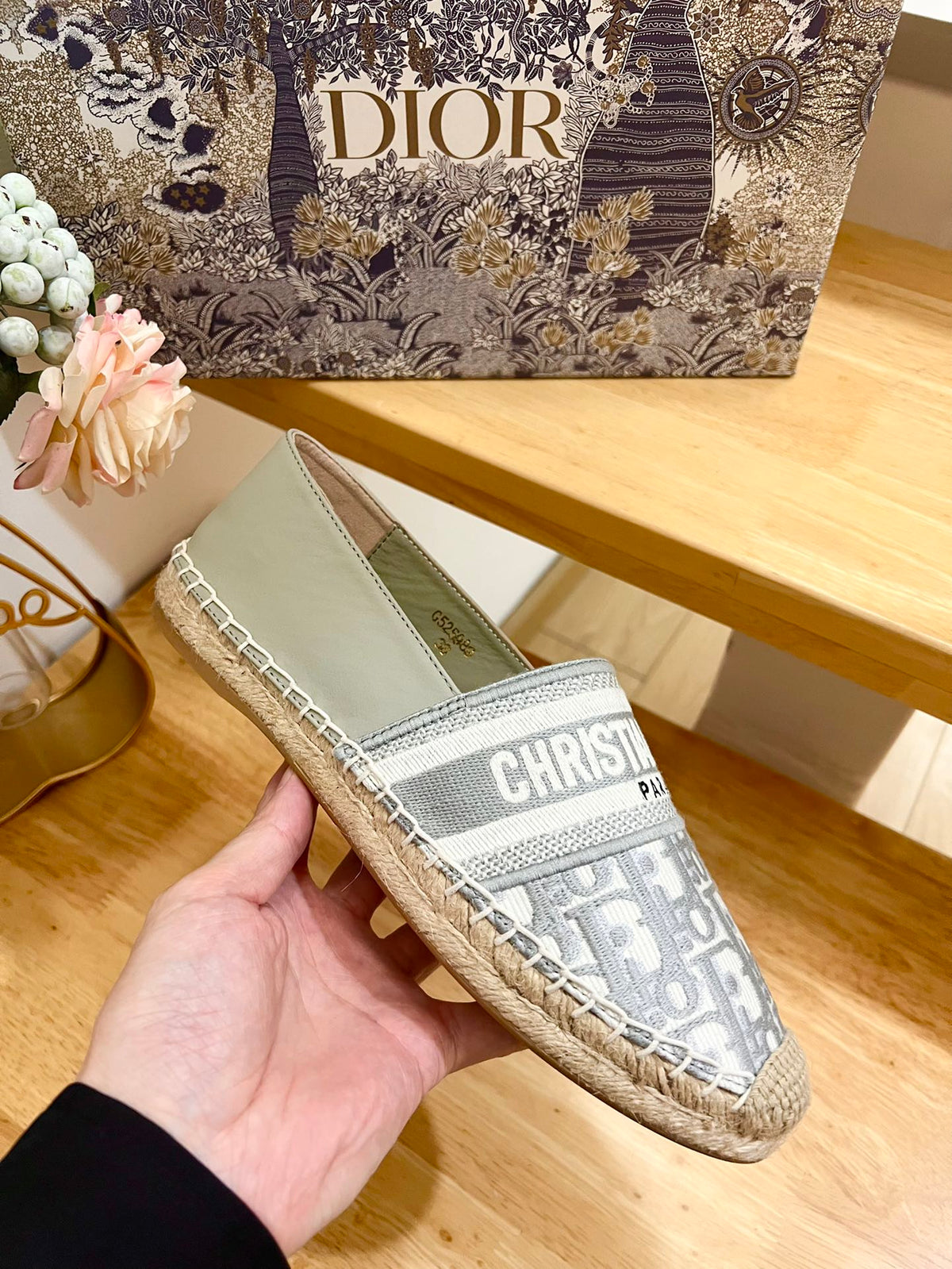 CD Granville Espadrille Grey Beige Oblique Jacquard Fabric And Calfskin