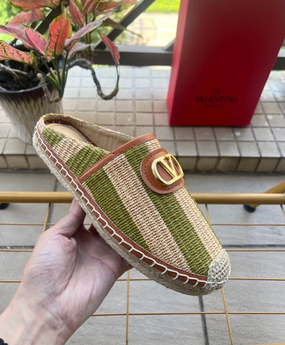 VLogo Signature Striped Espadrille Mules Beige Green Raffia