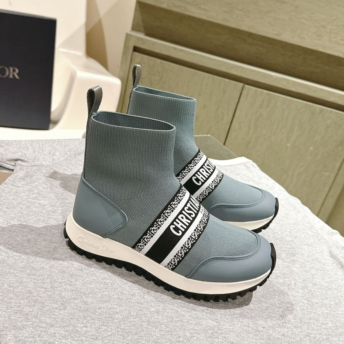 CD High-Top Sneaker 40mm Blue Grey Stretch Wool And Lambskin