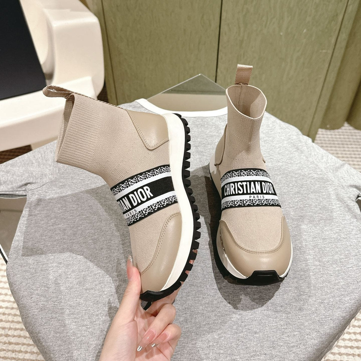 CD High-Top Sneaker 40mm Beige Stretch Wool And Lambskin
