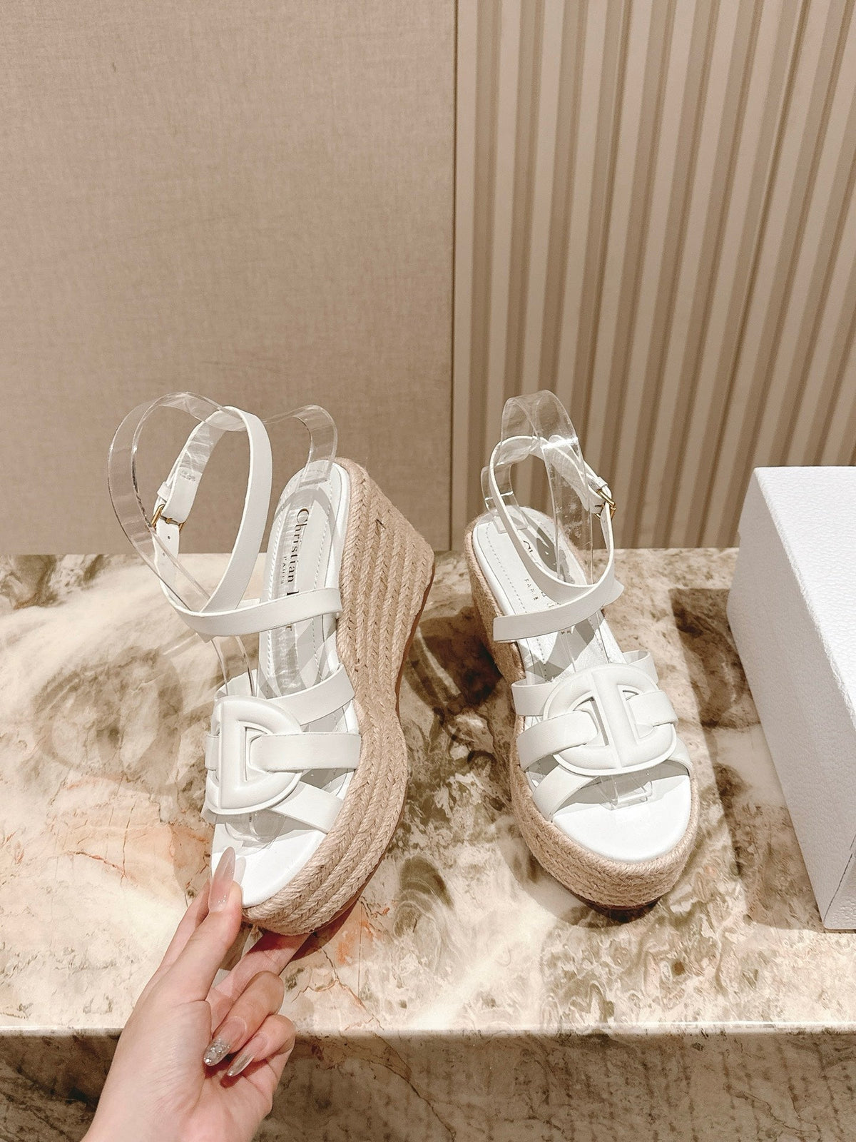 CD D-Club Wedge Sandal 85mm White Calfskin 483080
