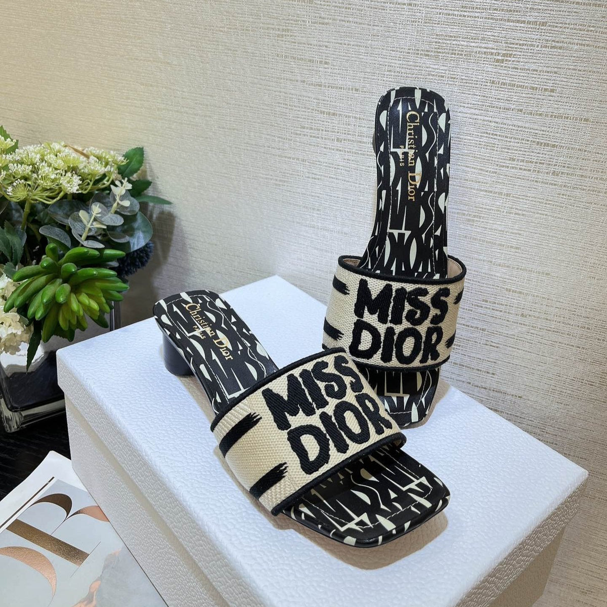 dway heeled slide 35 embroidered cotton black miss cd alllover motif