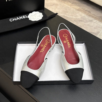 CC 26s Classic Slingback Flat Sliver Black Patent Leather 907639