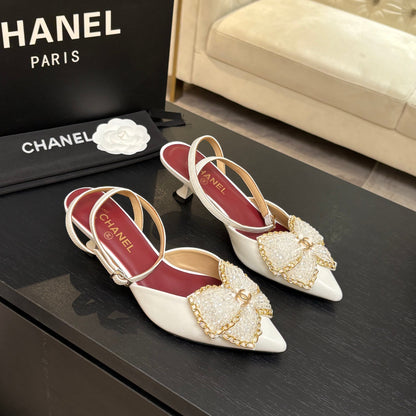 CC 26P Rhinestone-Encrusted Bow Slingback White Leather 907740