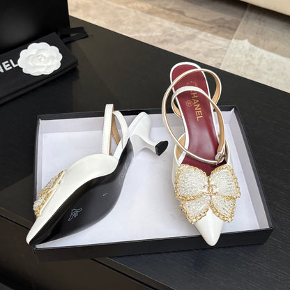 CC 26P Rhinestone-Encrusted Bow Slingback White Leather 907740