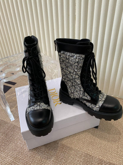 CD D-Unit Ankle Boot In White Mix Black Tweed Fabric And Cowhide 113476