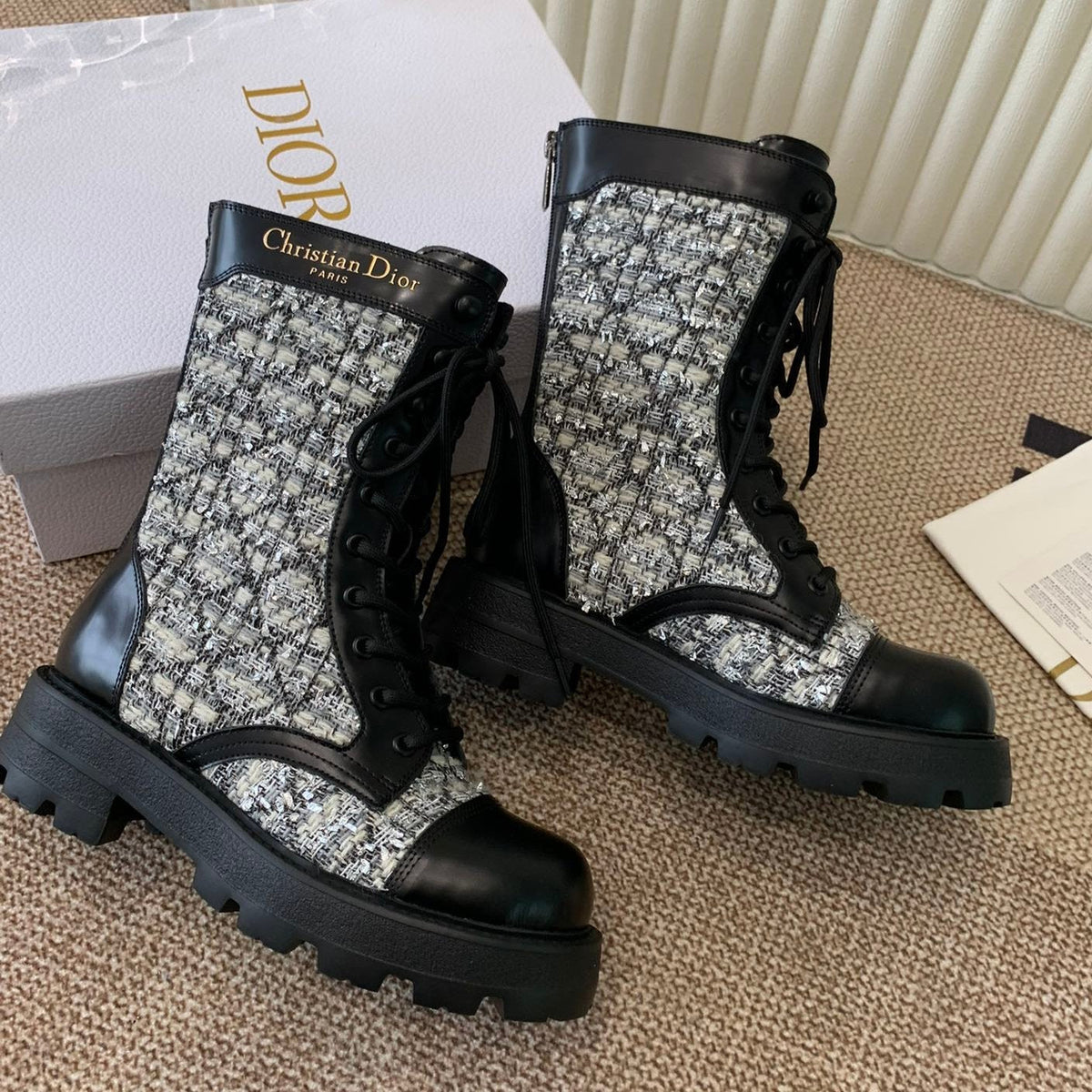 CD D-Unit Ankle Boot In White Mix Black Tweed Fabric And Cowhide 113476
