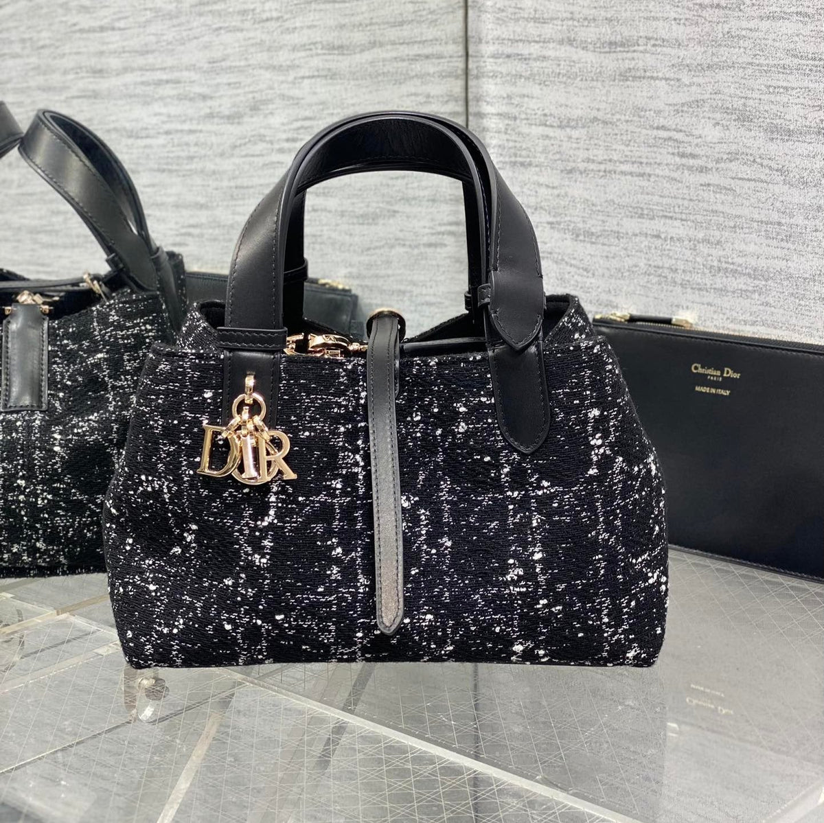 MINI 23 TOUJOURS BAG IN BLACK MIX WHITE CANNAGE TWEED WITH GOLD HARDWARE