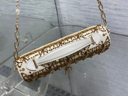 Dior 2025 Microbead Sequin Embroidery Bag 21cm White Gold Calfskin 270503