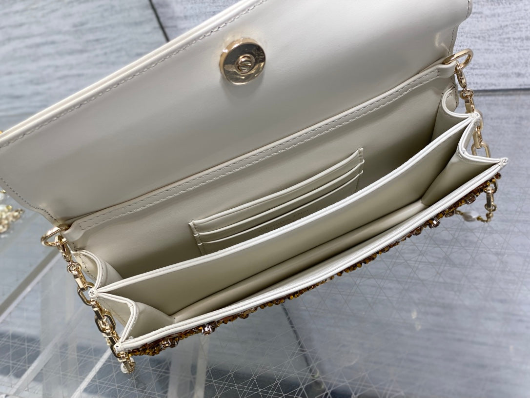 Dior 2025 Microbead Sequin Embroidery Bag 21cm White Gold Calfskin 270503