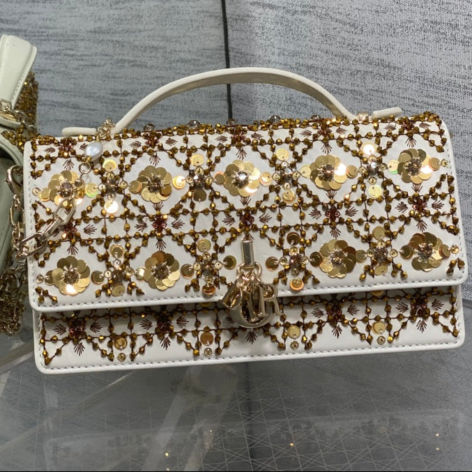 Dior 2025 Microbead Sequin Embroidery Bag 21cm White Gold Calfskin 270503