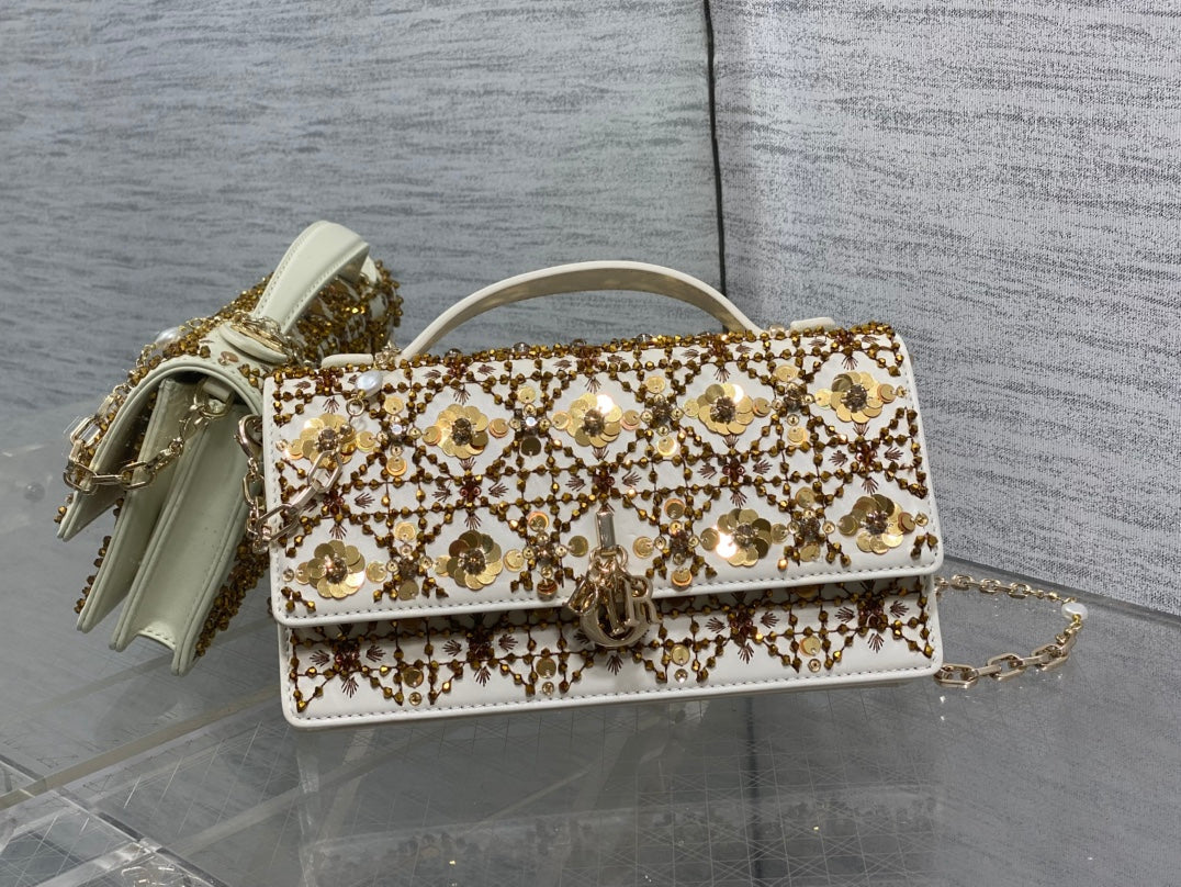 Dior 2025 Microbead Sequin Embroidery Bag 21cm White Gold Calfskin 270503