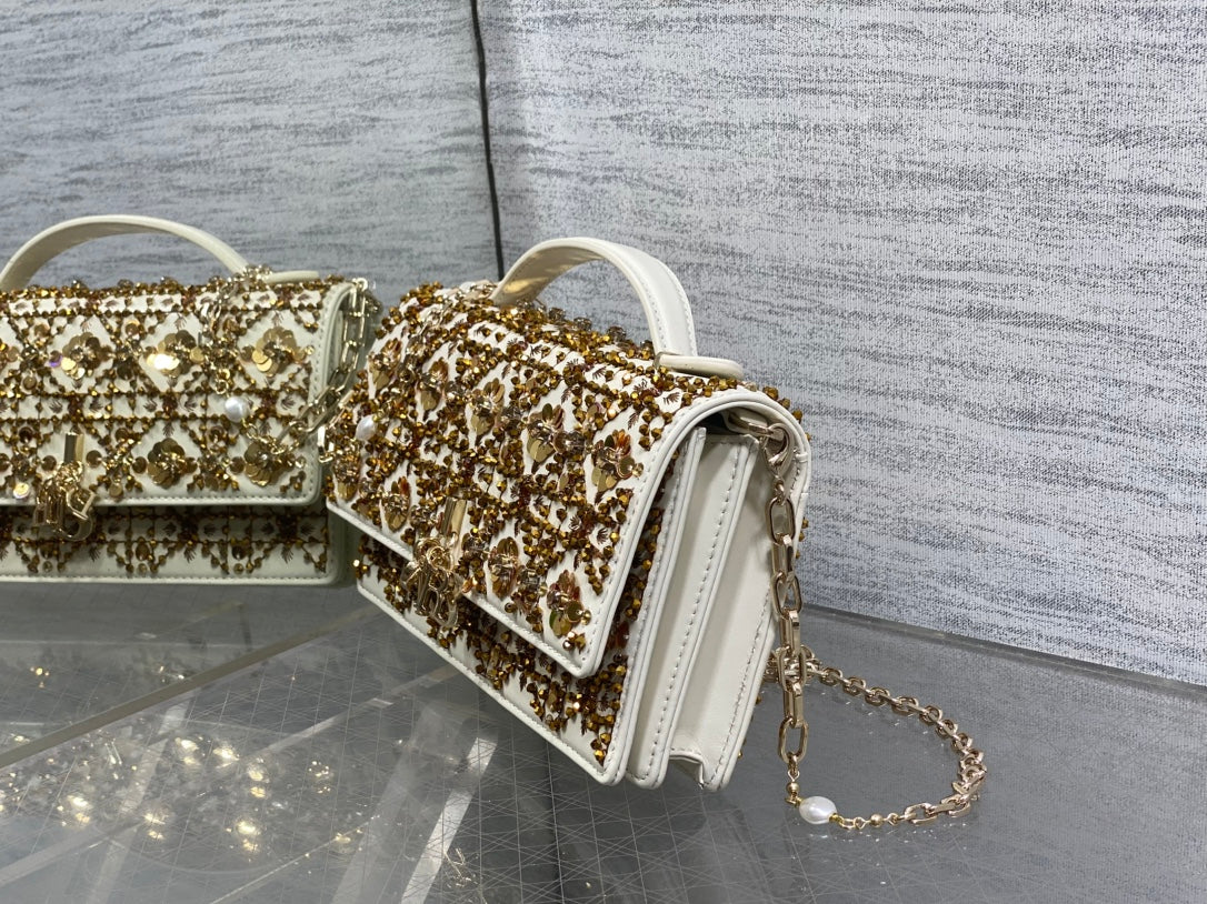 Dior 2025 Microbead Sequin Embroidery Bag 21cm White Gold Calfskin 270503