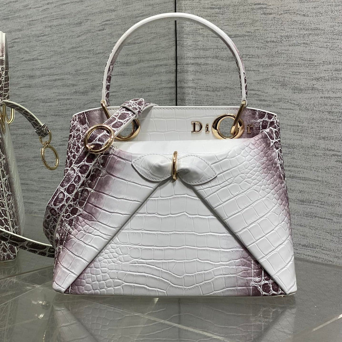 Dior 2025 Crocodile Pattern Bag 28cm White Purple Leather 272527
