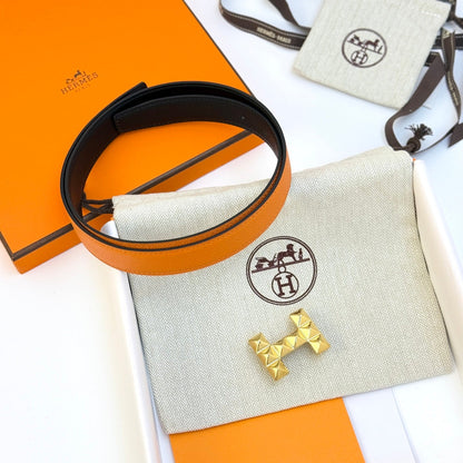 HM Infini Reversible Belt 24mm Orange Epsom Gold Buckle