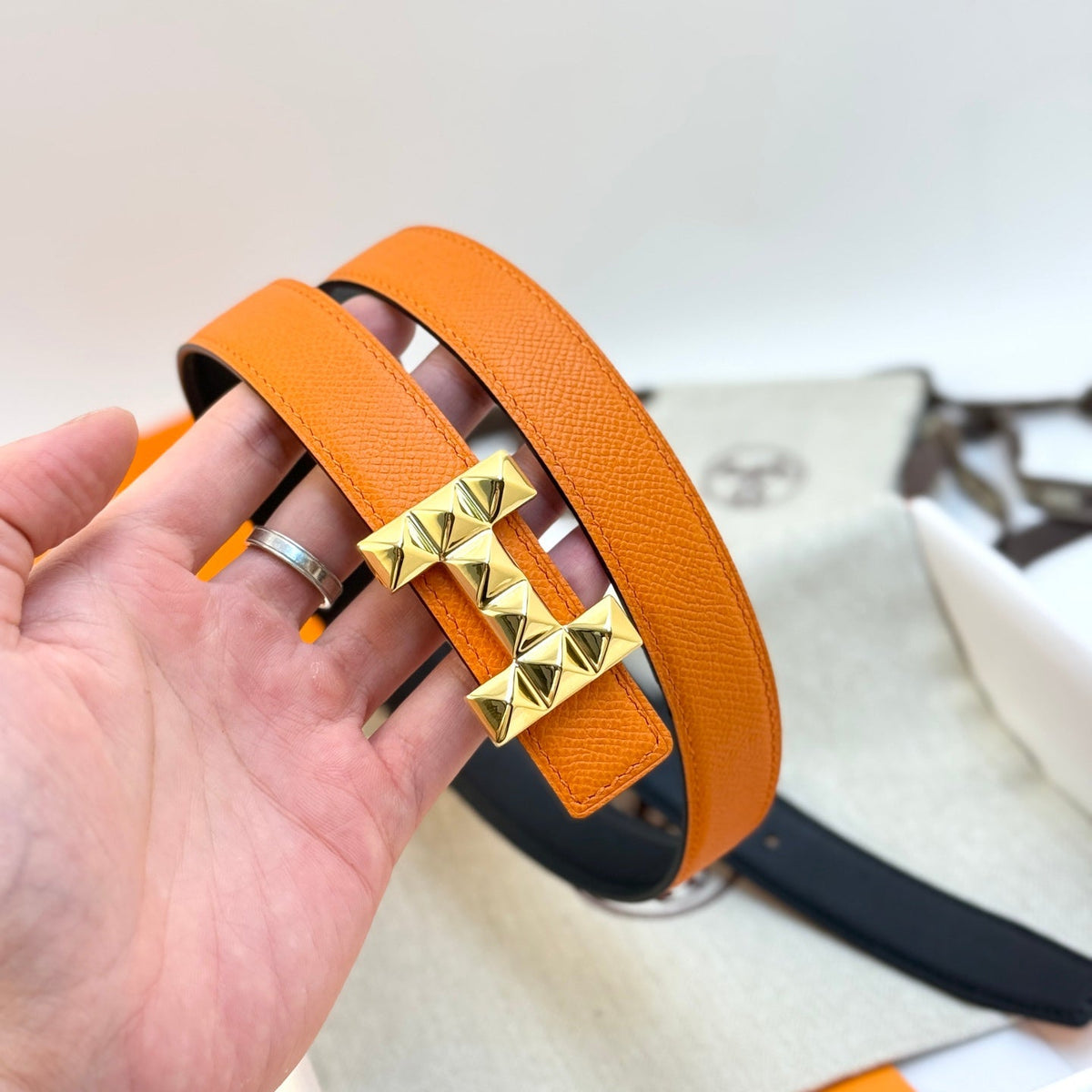 HM Infini Reversible Belt 24mm Orange Epsom Gold Buckle