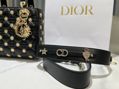 CD Lady Dior Black Cannage Lambskin with Gold-Finish Butterfly Studs