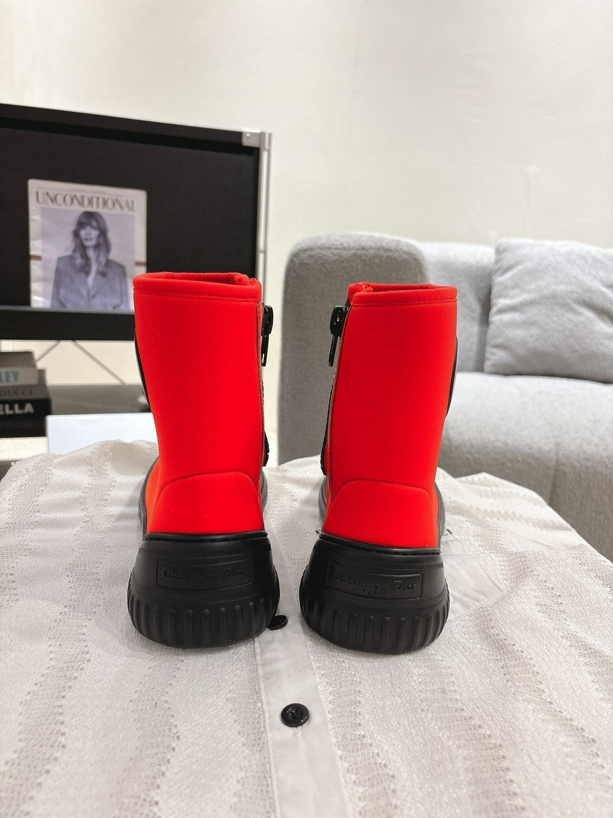 CD Ankle Boots Bright Red Elastic Fabric