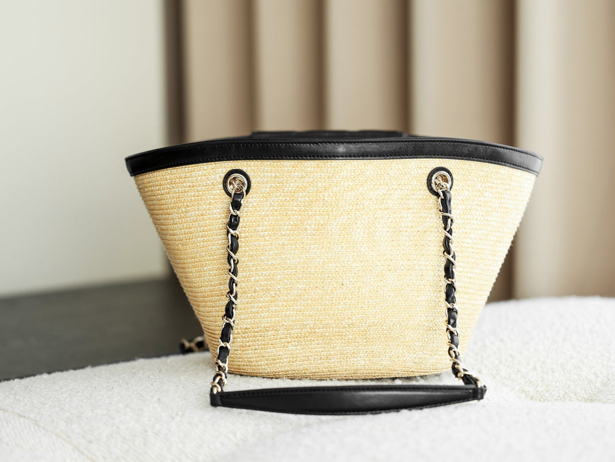 Chanel 2026 Shopping Bag 40cm Beige Black Straw Lambskin 351031