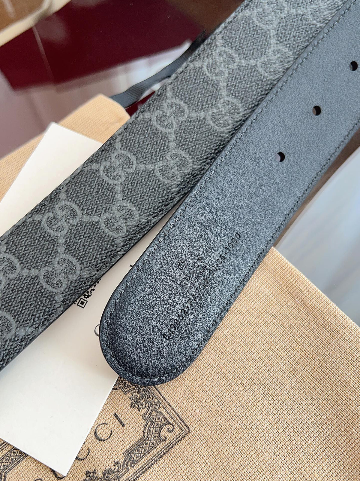 Gucci Belt Double G Blunt Copper Buckle 40mm Slate Gray Leather Canvas