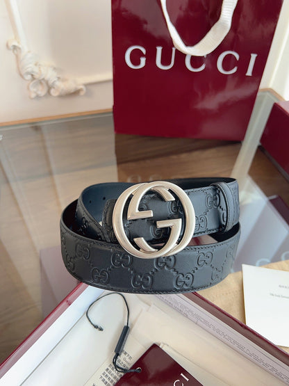Gucci Supreme Belt Sliver Buckle 40mm Black Embossed Leather