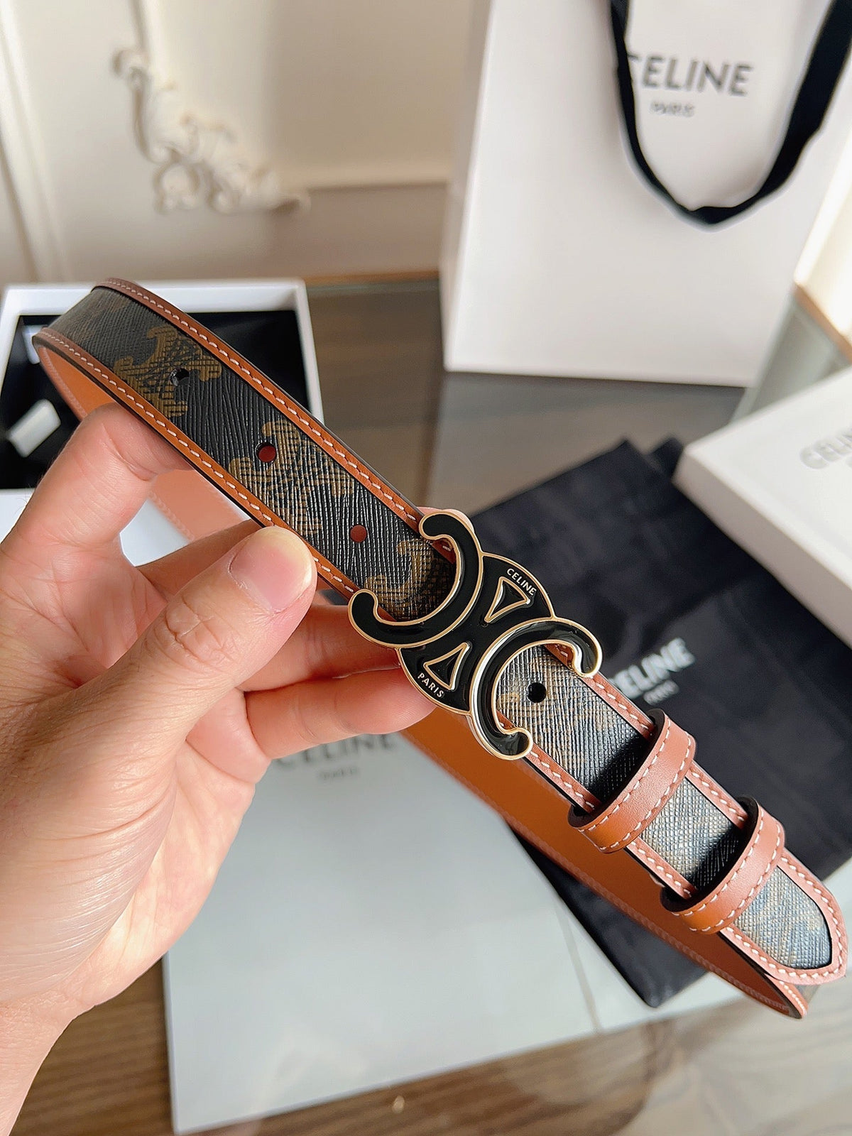 CELINE 26S BELT 25 MM IN BLACK AND BROWN CALFSKIN 669834
