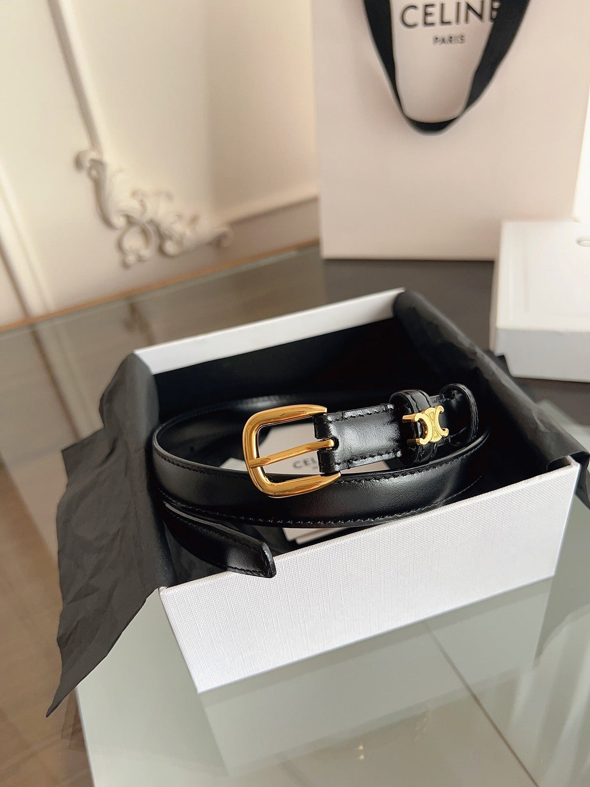 CELINE 26S BELT 18 MM IN BLACK CALFSKIN 658527