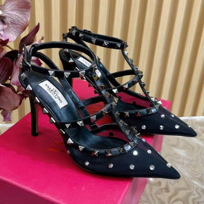 ROCKSTUD MIRROR-EFFECT PUMP WITH MATCHING STRAPS AND STUDS 95 MM BLACK CALFSKIN  AND MESH