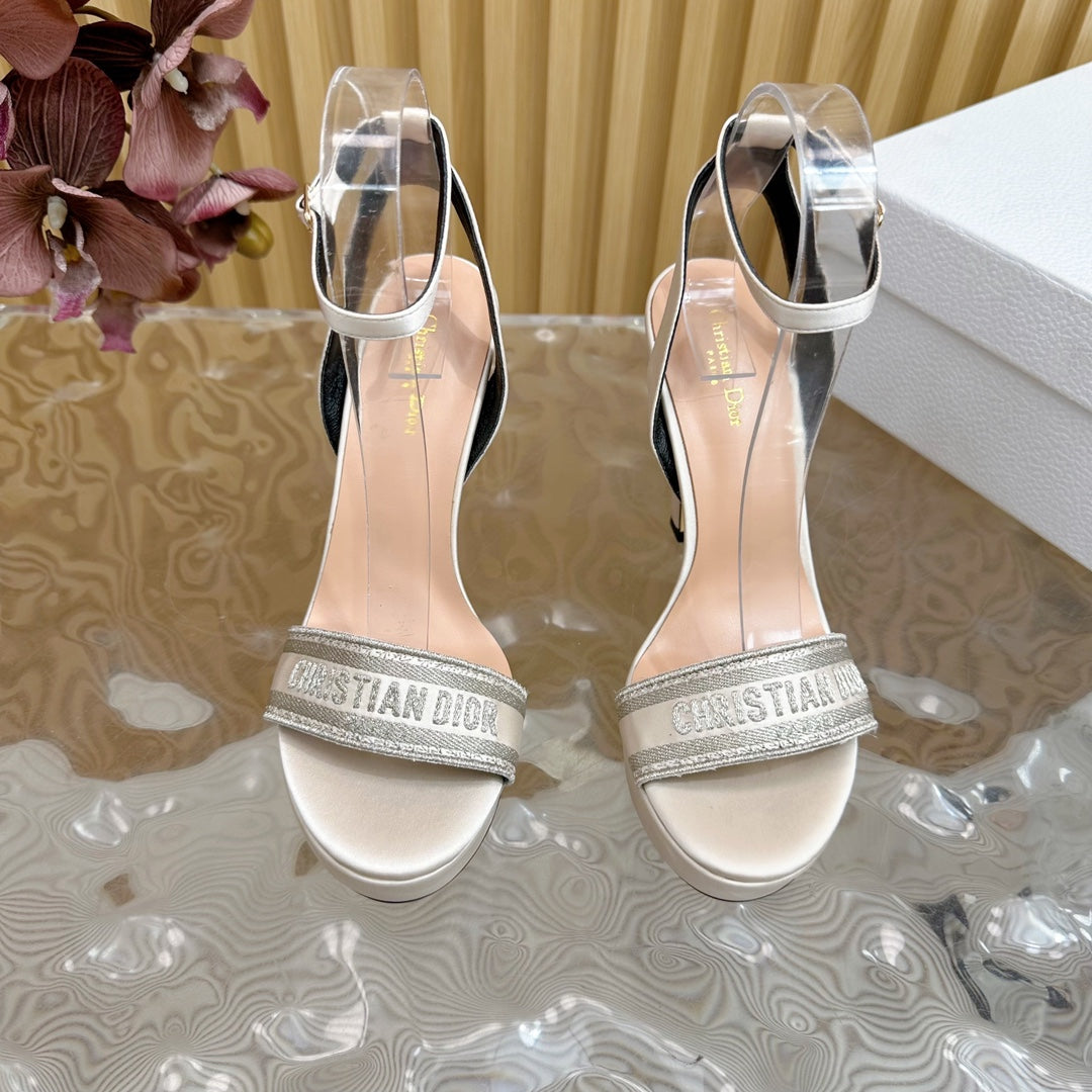 CD Dway Heeled Sandal 120mm White Grey Silk And Lambskin