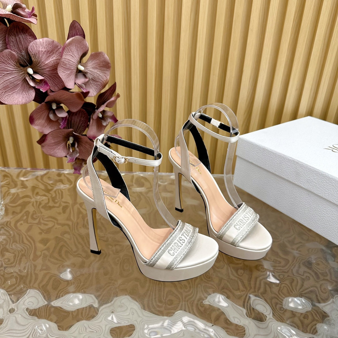 CD Dway Heeled Sandal 120mm White Grey Silk And Lambskin