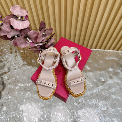 Rockstud Flatform Sandal 75mm In Rose Pink Calfskin And Raffia 102858